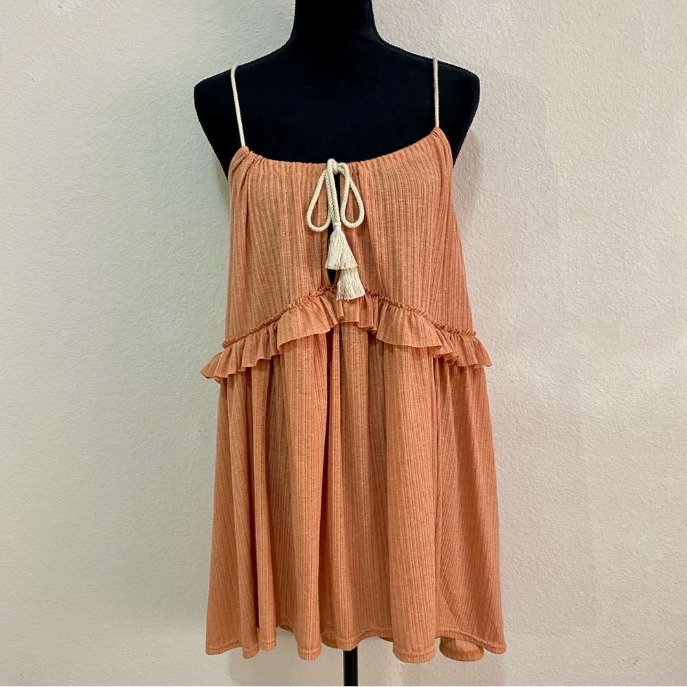 NWT Free People FP Beach Get Obsessed Ribbed‎ Mini Dress XS Terracotta Tassel